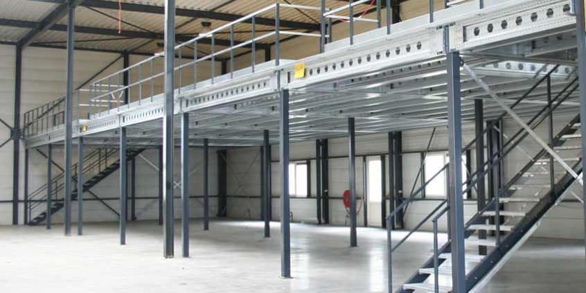 steel building interior with mezzanine level