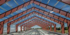 red iron metal building framing