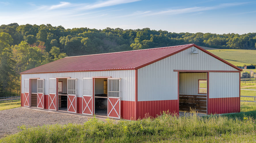 Three stall horse barn in red and white