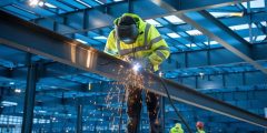 weld-up structural steel building under construction