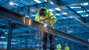 weld-up structural steel building under construction