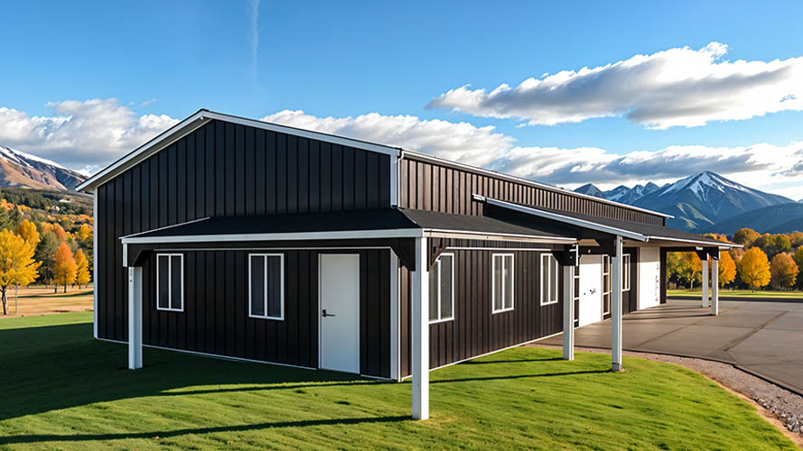 one story barndominium wrap around porch