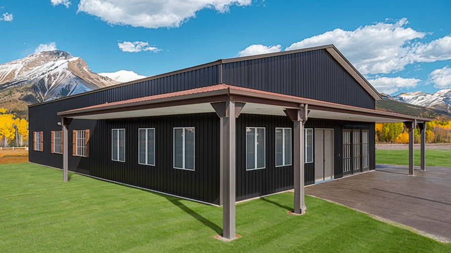 one story barndominium wrap around porch