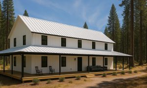 white barndominium wrap around porch