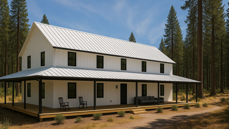 white barndominium wrap around porch