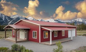 ranch style metal building home in red and white