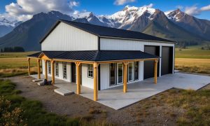white and black metal house with garage