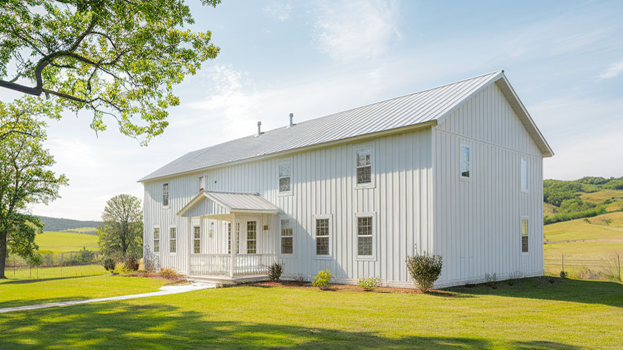 four-bedroom barndominium home in white
