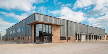 10,000 Sq Ft prefab steel warehouse with brick accents, glass entry, loading docks, and a modern industrial design located in Tampa Florida