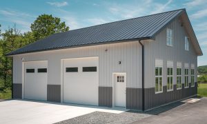 24x30 metal building garage with two oversized bays, a dark gray roof, and large windows, designed as an office and mancave combo