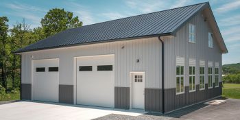 24x30 metal building garage with two oversized bays, a dark gray roof, and large windows, designed as an office and mancave combo