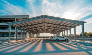 30x200 commercial prefab carport shelter with a steel frame, providing covered parking near a modern office building in Fresno, California