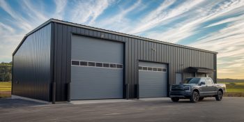 Modern 35x45 commercial metal building with black steel siding, two overhead doors, side entry, and a parked pickup truck out front