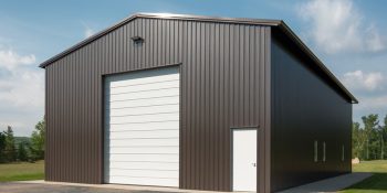 36x40 pre-engineered metal building with brown steel siding, a tall white roll-up door, and side entry, set on a concrete slab