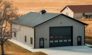 40x50 metal building workshop with gray vertical steel siding, black framed doors, and a large garage door on a concrete pad. Dallas TX