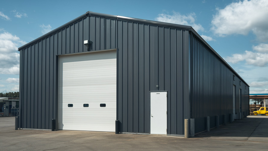 Custom 30x80 metal building with black steel siding, a tall white overhead door, side entry, and bollards for protection