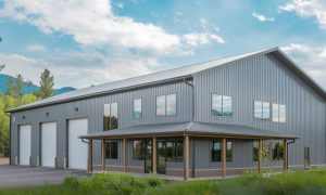 40x120 metal building shouse with three vehicle bays, two-story living space, large windows, and a covered porch