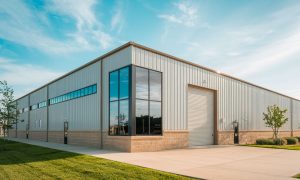 4,000 Sq Ft metal warehouse building with glass entry, beige wainscoting, and clean landscaping.”