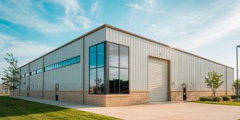 4,000 Sq Ft metal warehouse building with glass entry, beige wainscoting, and clean landscaping.”