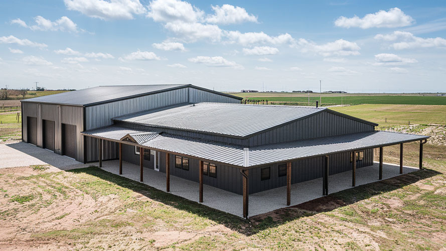 Spacious barndominium metal building with a drive-through garage, dark gray and black, large covered porch, and three-bay workshop on open land in Kansas
