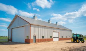 40x50 metal building barn with white and brown siding, two hydraulic doors, three cupolas, and a green tractor parked nearby in rural Tennessee