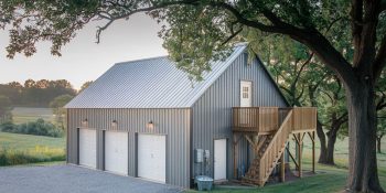 Three-car metal building garage with a loft, in gray and white and an exterior staircase leading to a wooden deck in Washington state.