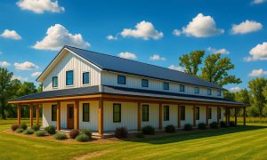 30x60 metal building home with white siding, a wraparound porch, black roof, dormer windows, and wood trim in a rural setting