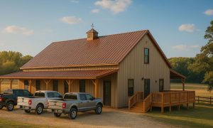 2,000 Sq Ft barn-style metal building home with cupola, wood porch, side deck, and gravel drive on a scenic rural West Texas property