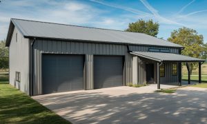 Metal building garage with apartment, two large bay doors, covered front entry, and gray steel siding on a landscaped lot