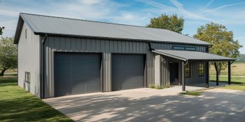 Metal building garage with apartment, two large bay doors, covered front entry, and gray steel siding on a landscaped lot