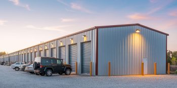 20x200 Commercial self storage metal building with 50 roll-up units, red trim, and outdoor lighting on a gravel lot with cars parked in front