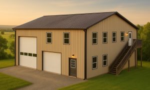 A 1,200 Sq Ft small shouse (shop + house) with 2 bedrooms and workspace and exterior stairs on sloped rural property