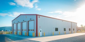 55x70 commercial metal building used as a garage with red trim, and concrete apron in a business park