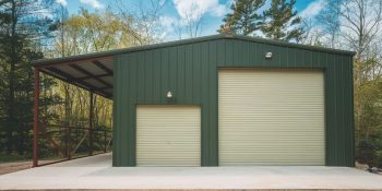 A dark green metal building used as a garage with two roll-up doors and a red-framed side lean-to canopy on a forested country property in Denver Colorado
