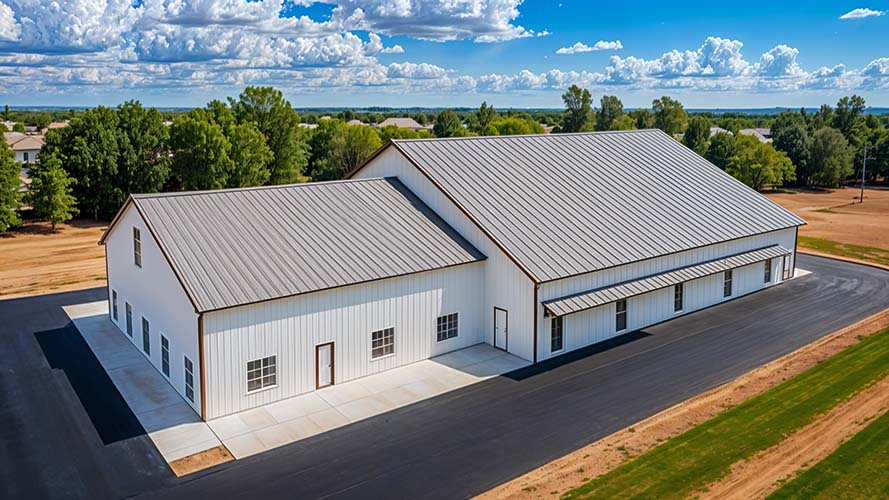 Modern barndominium church building aerial view
