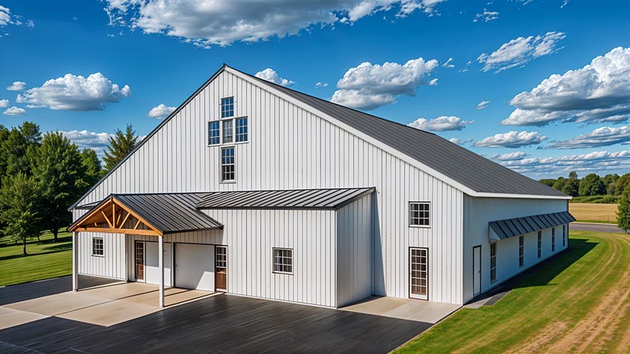 Modern barndominium church building end view