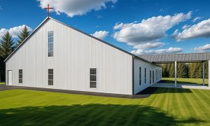 Modern metal church building - end view 2