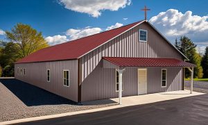 small metal church building - 140 seats - side view