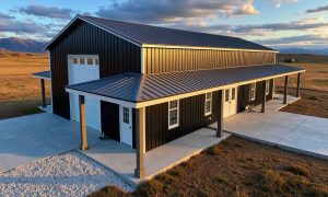 One bedroom barndominium with shop, ranch style in black with attached garage