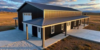 One bedroom barndominium with shop, ranch style in black with attached garage
