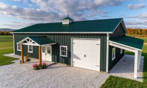 small single level barndominium with rv garage in hunter green with cupola