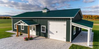 small single level barndominium with rv garage in hunter green with cupola