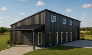 Modern black barndominium home with a shed roof and attached garage