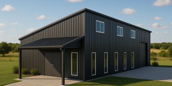 Modern black barndominium home with a shed roof and attached garage