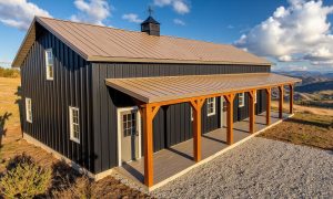single level, 1300 sq ft barndominium in coco brown with porch