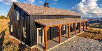 single level, 1300 sq ft barndominium in coco brown with porch