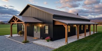 Rancher style 1700 sq ft barndominium with entry porch and lean to