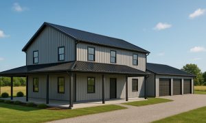 Modern two story barndominium with wrap-around porch and three car garage