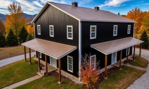 small two story barndominium with porch