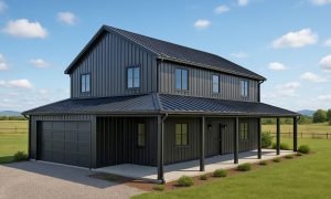 Black 2-story barndominium with wrap around porch and attached garage